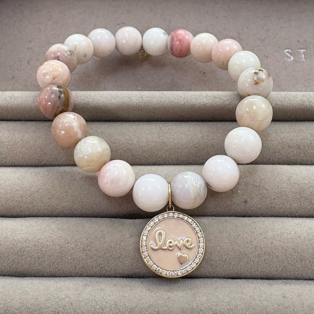 Sydney Evan 14K Gold & Diamond Pink Love Script Medallion Beaded Bracelet $1,785